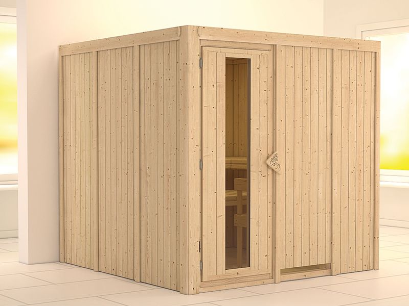 Finská sauna Karibu Rodin u bílé zdi v místnosti