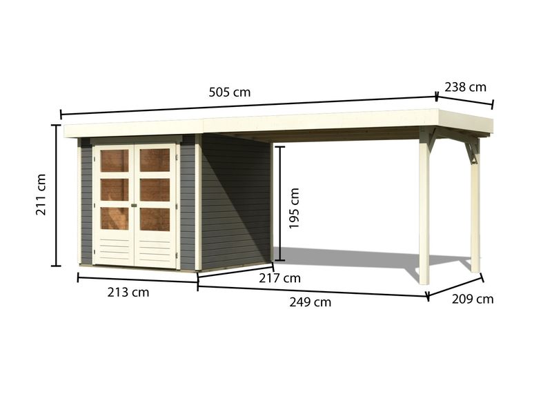 Dřevěný zahradní domek s přístavkem (280 cm) Karibu Askola 2 tmavě šedá