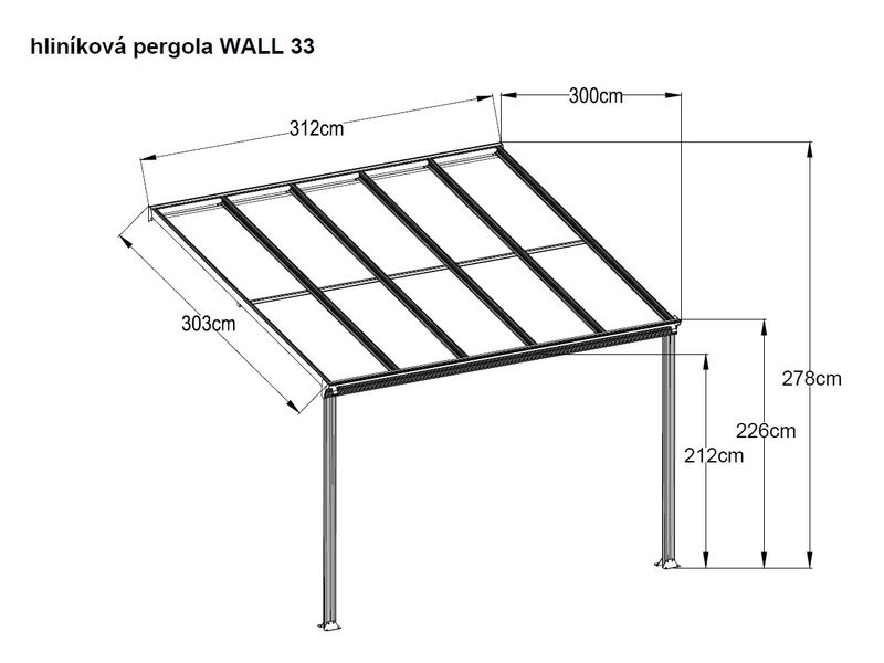 Hliníková pergola ku zdi LanitPlast Wall 33 s rozměry konstrukce